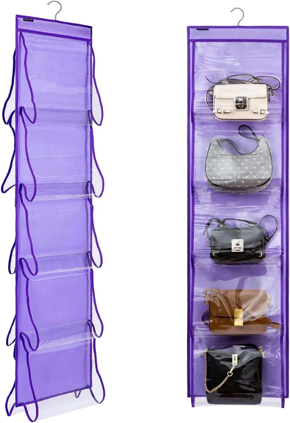 1 Pcs Dual Sided Hanging Handbags Organizer Closet Shoe Holder with 10 Large Pockets Storage for Towel Scarf Clothes (PURPLE)