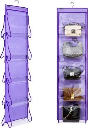 1 Pcs Dual Sided Hanging Handbags Organizer Closet Shoe Holder with 10 Large Pockets Storage for Towel Scarf Clothes (PURPLE)