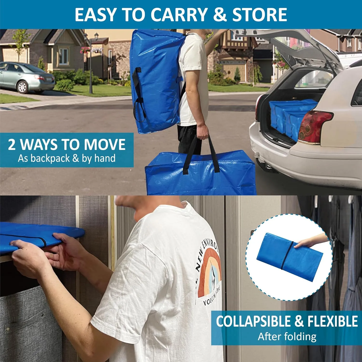 10 Pack Heavy Duty Extra Large Moving Bags with Backpack Straps & Vacuum Storage Supply Combo, Totes Handles Zippers for Space Saving, Fold Flat, Includes Bags, Blue, (HEV10)