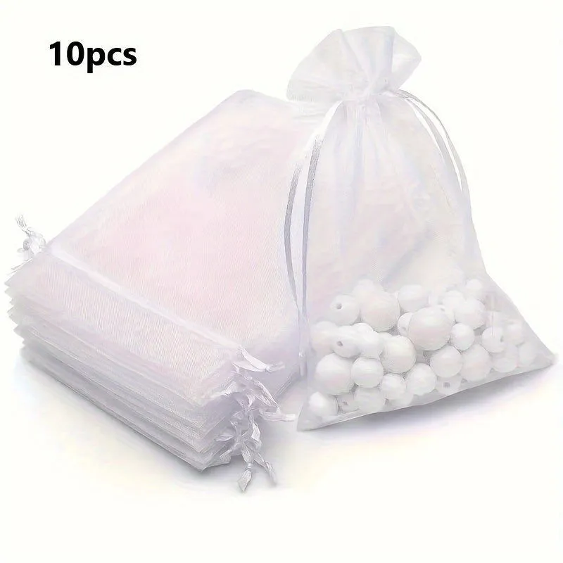 10 Pcs Elegant Sheer Organza Drawstring Gift Bags – Ideal for Wedding Favors, Jewelry Packaging, and Party Candy Pouches
