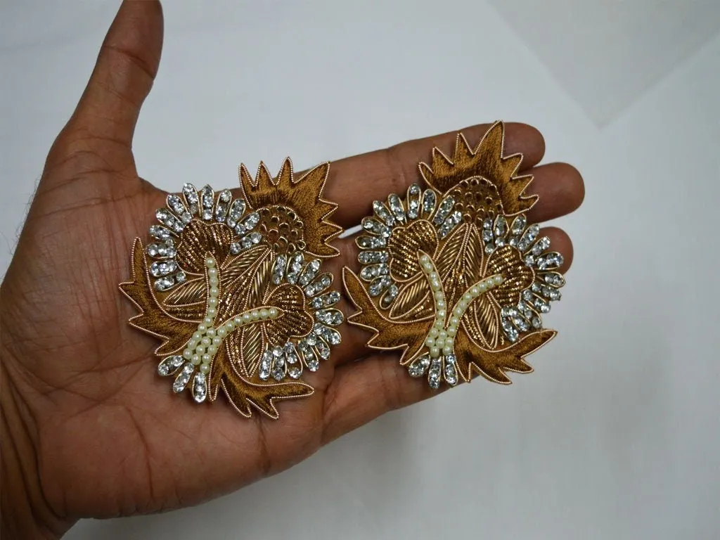 10 Pieces Ivory Indian Beaded Hand Crafted Appliques, Embroidery Sew on Patch, Decorative Floral Denim Crafting Sewing Supplies Accessories