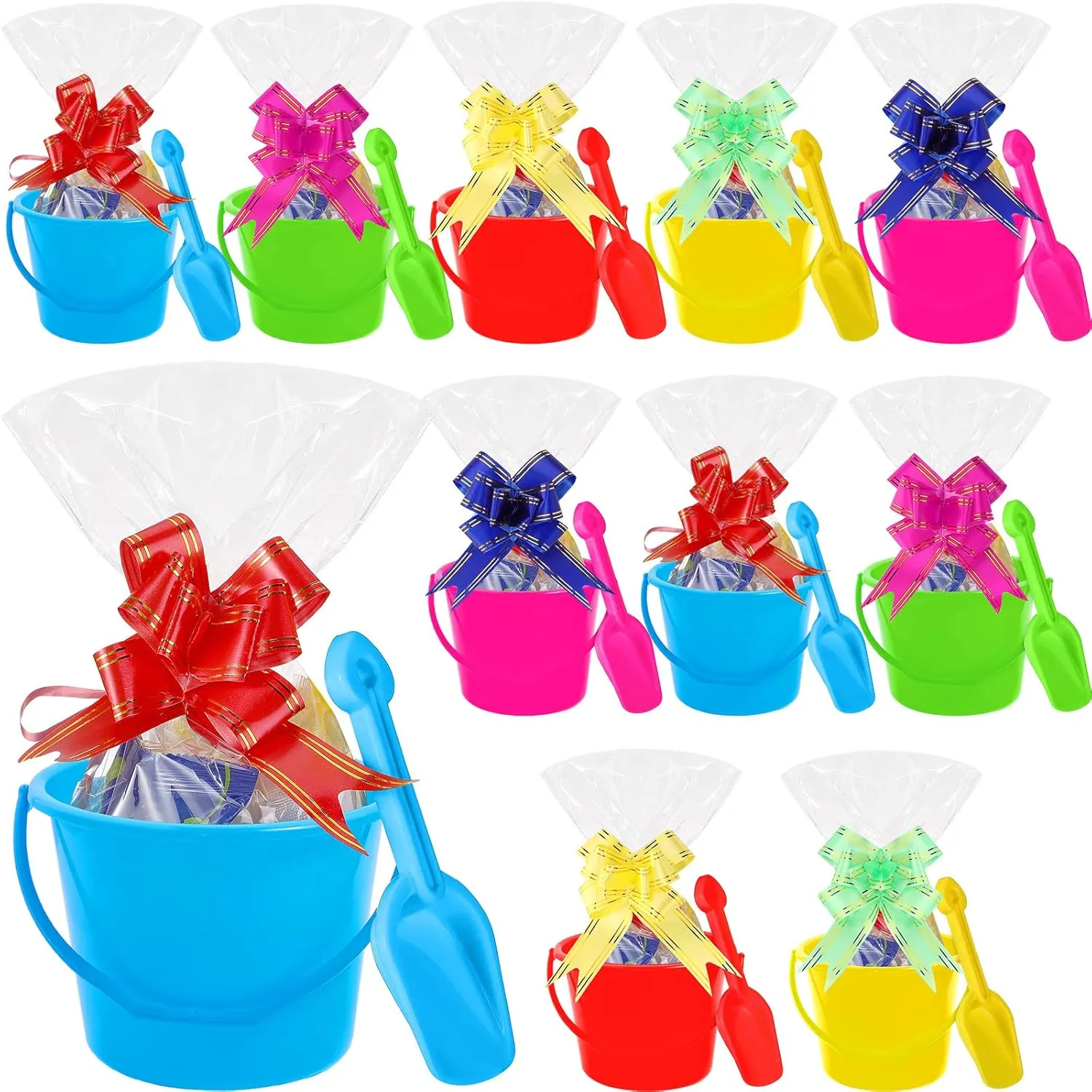 10 Sets Sand Buckets and Shovels Set for Kids Plastic Mini Beach Pail and Shovel with 20 Pcs Clear Treat Bags and 20 Pcs Pull Bows for Boys and Girls Summer Beach Holiday Birthday Party Favors
