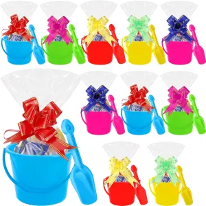 10 Sets Sand Buckets and Shovels Set for Kids Plastic Mini Beach Pail and Shovel with 20 Pcs Clear Treat Bags and 20 Pcs Pull Bows for Boys and Girls Summer Beach Holiday Birthday Party Favors