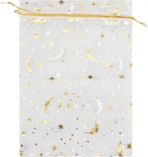 100 Moon Star Organza Jewelry Gift Pouch Candy Pouch Moon Drawstring Wedding Favor Bags AUG (5x7 inch, white)