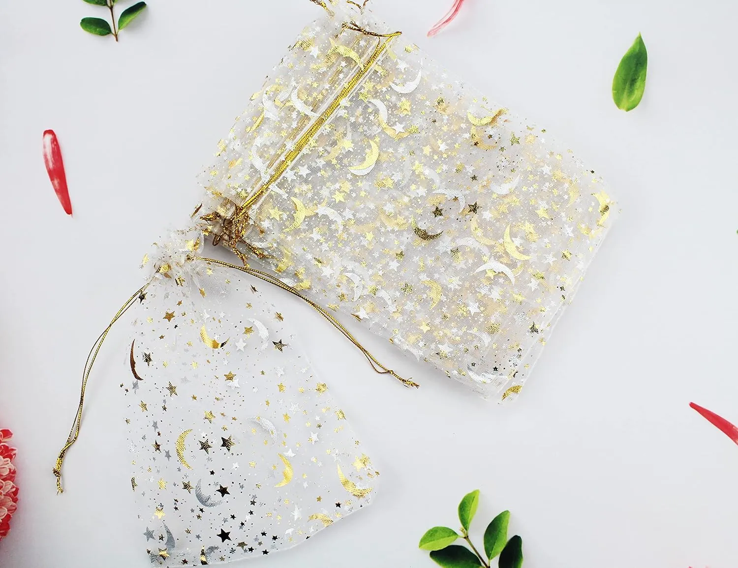 100 Moon Star Organza Jewelry Gift Pouch Candy Pouch Moon Drawstring Wedding Favor Bags AUG (5x7 inch, white)