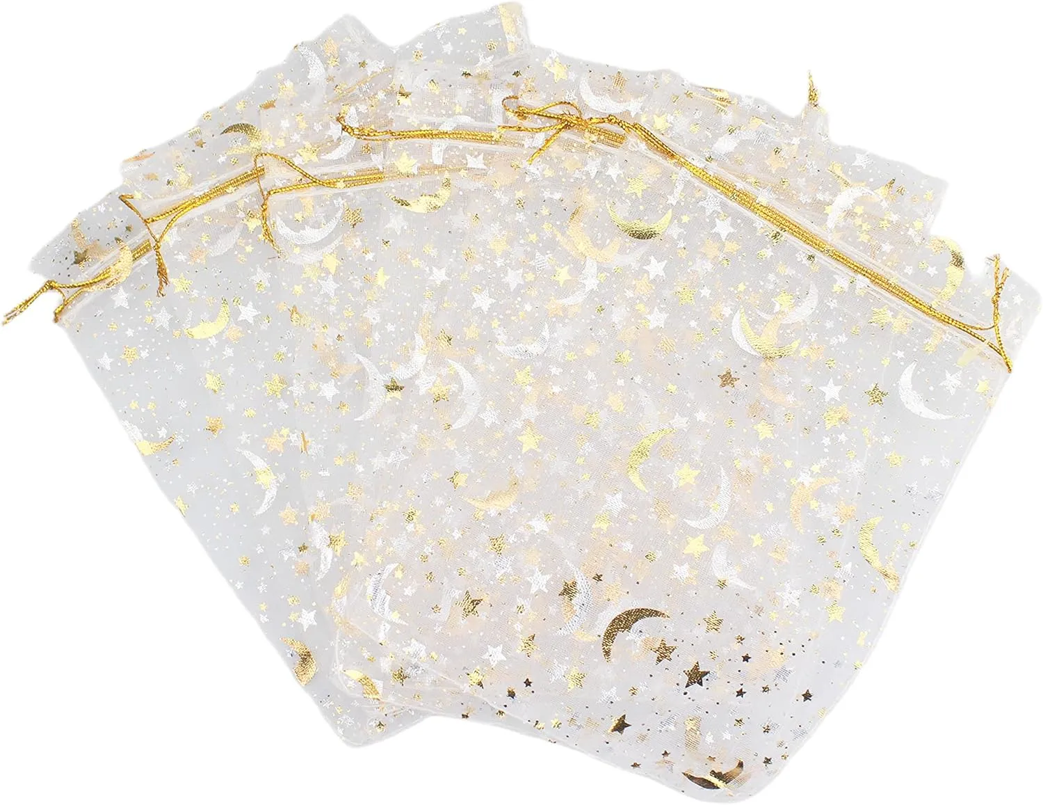 100 Moon Star Organza Jewelry Gift Pouch Candy Pouch Moon Drawstring Wedding Favor Bags AUG (5x7 inch, white)