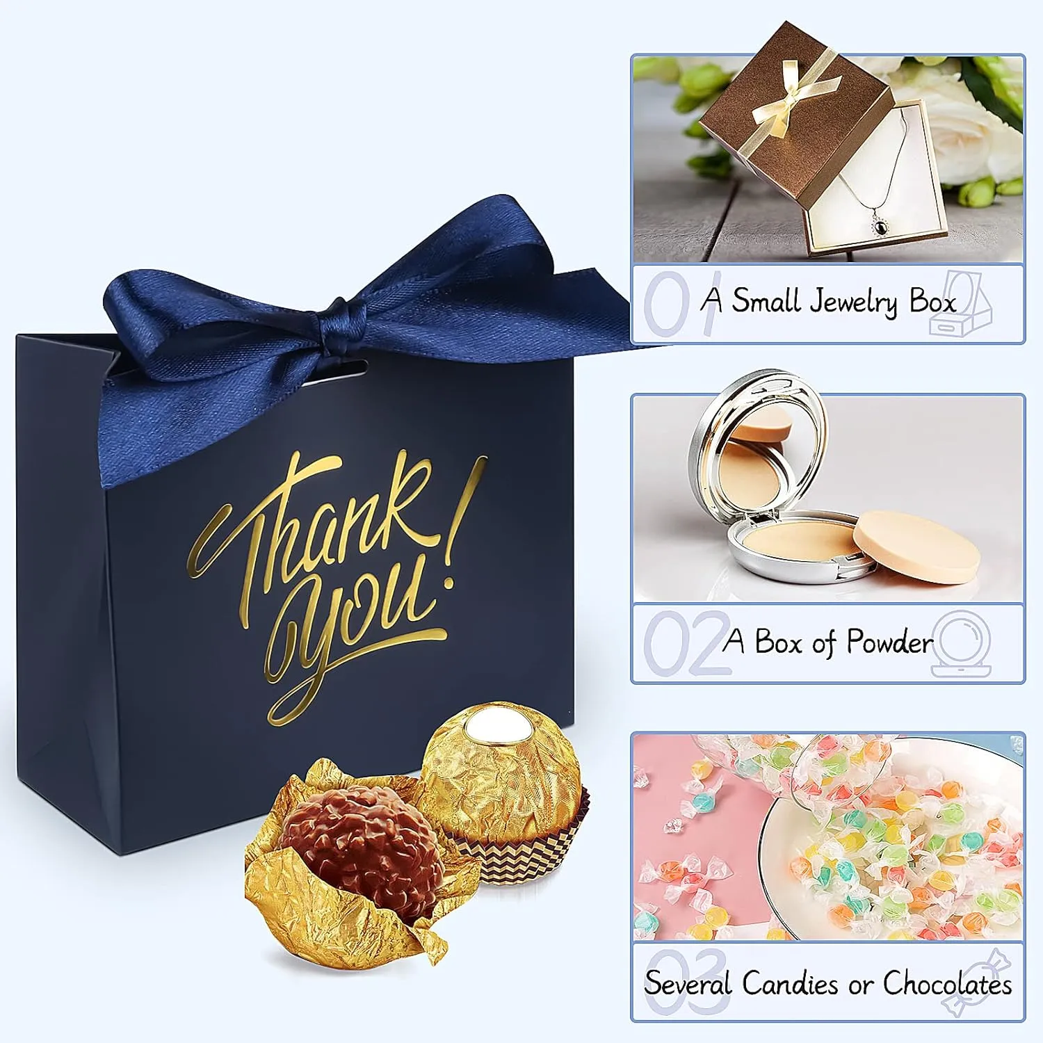 100 Pack Small Thank You Gift Bags, 4.5x1.8x3.9in Party Favor Bags Boxes with Bow Ribbon, Small Paper Gift Bags with Gold Foil Printed, Mini Candy Treat Bags for Birthday Wedding Party Holiday