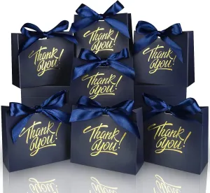 100 Pack Small Thank You Gift Bags, 4.5x1.8x3.9in Party Favor Bags Boxes with Bow Ribbon, Small Paper Gift Bags with Gold Foil Printed, Mini Candy Treat Bags for Birthday Wedding Party Holiday