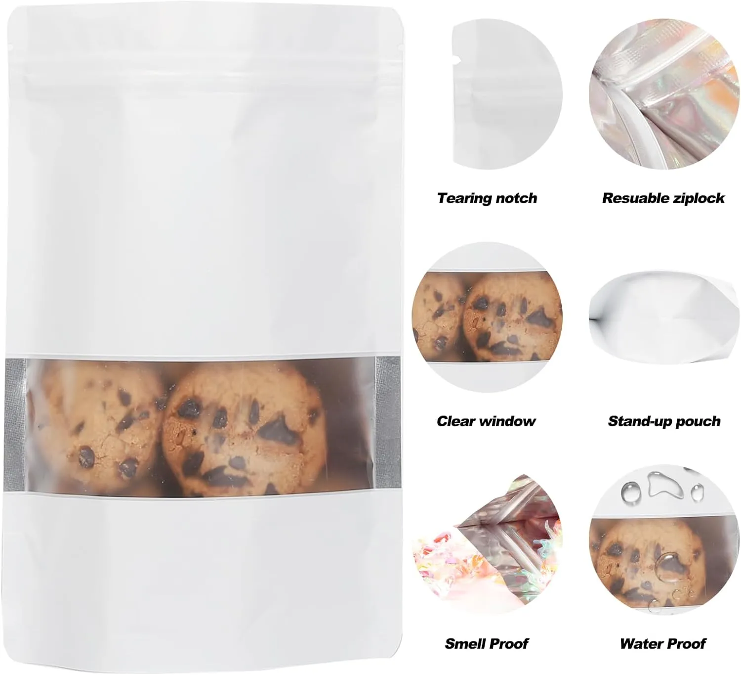 100 Pack Smell Proof Bags, Resealable Mylar Bags with Matte Window, Foil Pouch Stand-up Bags for Food Self Sealing Storage, Scratch Resistant Hand Storage Bags.(White, 5.5×7.9 Inch)