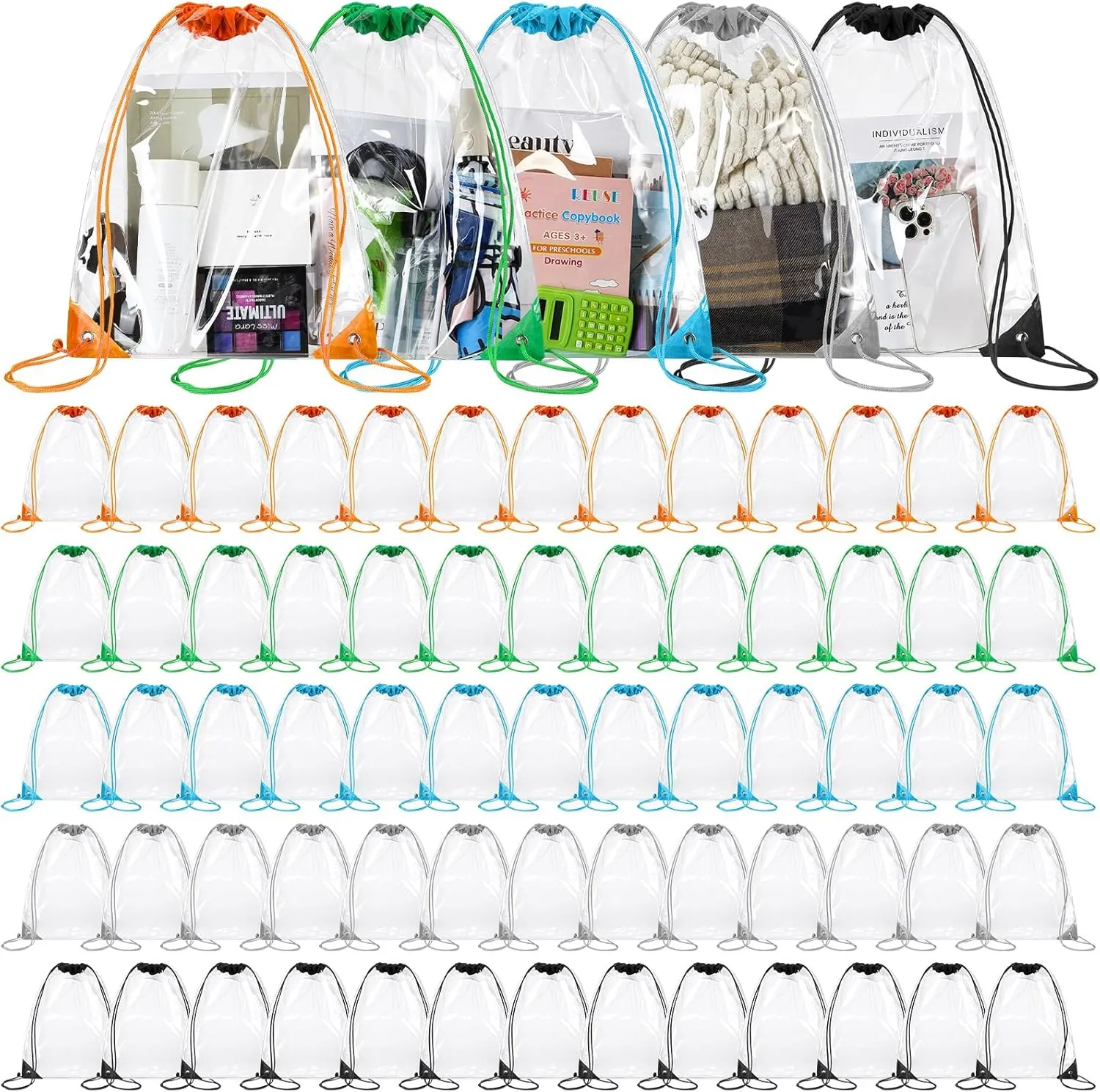 100 Pcs Clear Drawstring Bags Bulk PVC Waterproof Clear Drawstring Backpack for Concert College Travel Beach Gym Swimming Sport Workout Stadium Security Approved