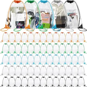 100 Pcs Clear Drawstring Bags Bulk PVC Waterproof Clear Drawstring Backpack for Concert College Travel Beach Gym Swimming Sport Workout Stadium Security Approved