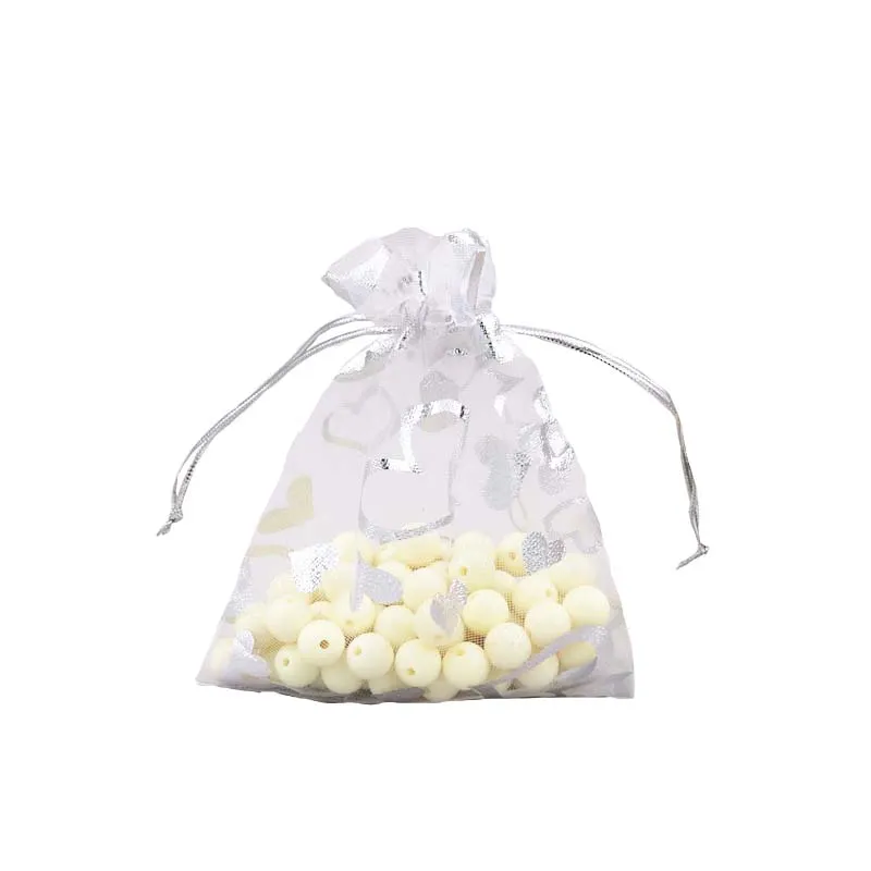 100pcs Organza Bags with Hearts Pattern - 7 Sizes