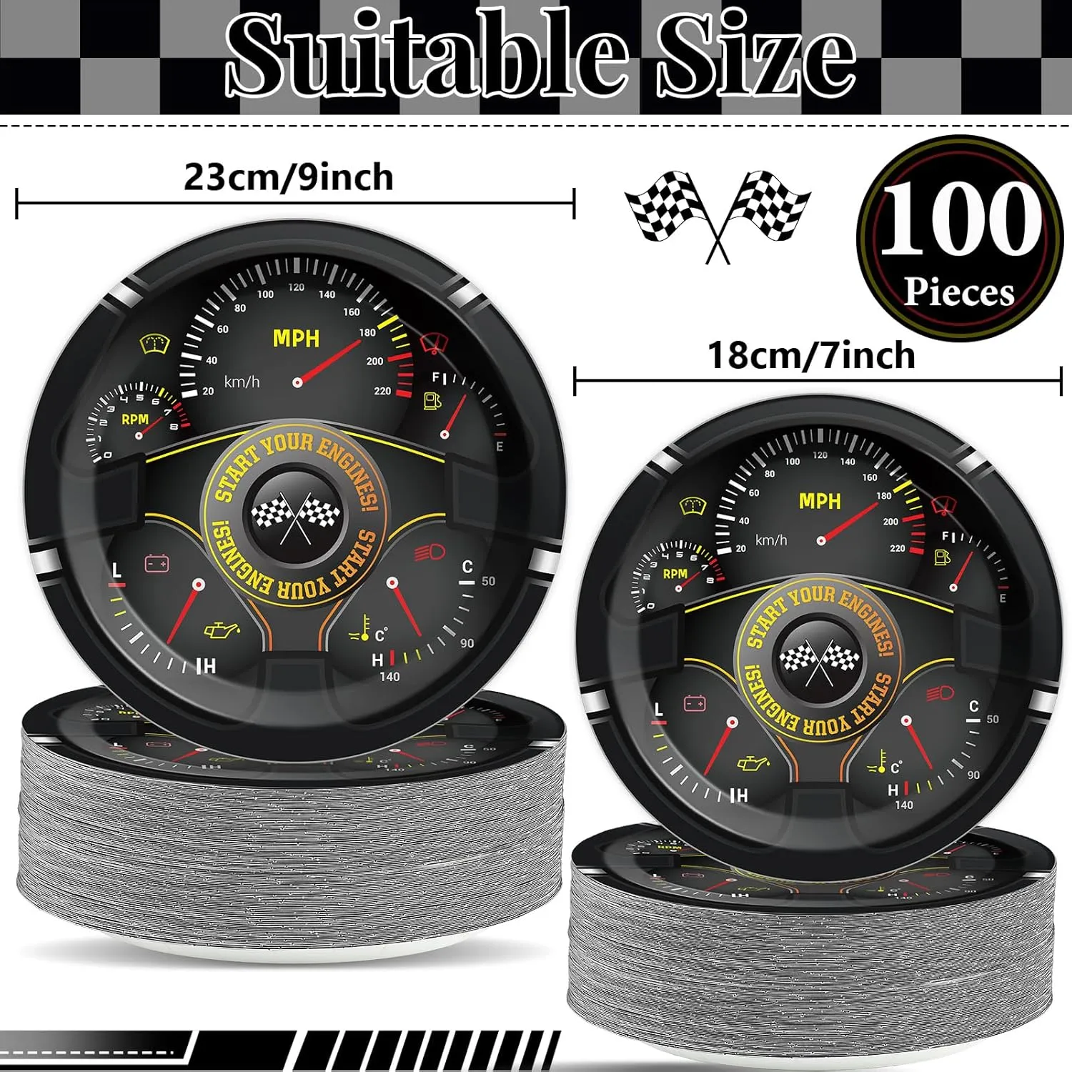 100Pcs Race Car Party Paper Plates Racing Themed Party Decoration Start YourEngines Dessert Plates 7in and 9in Racing Dinnerware Tableware Set for Kids Birthday Baby Shower Supplies