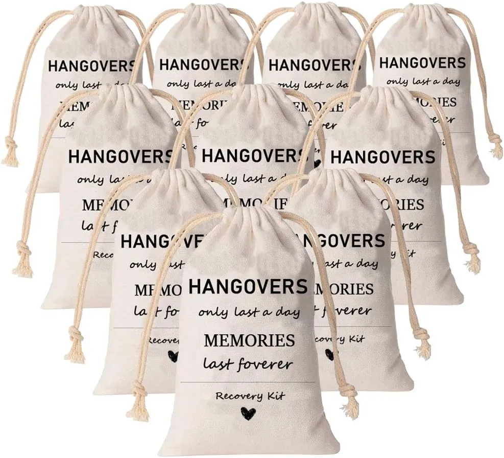 10pcs Hangover Kit Bags| Wedding Favors Bachelorette Party Gift | Muslin Drawstring Bag for Bridal Shower| Holiday Survival Recovery Bridesmaid Gifts (Black)