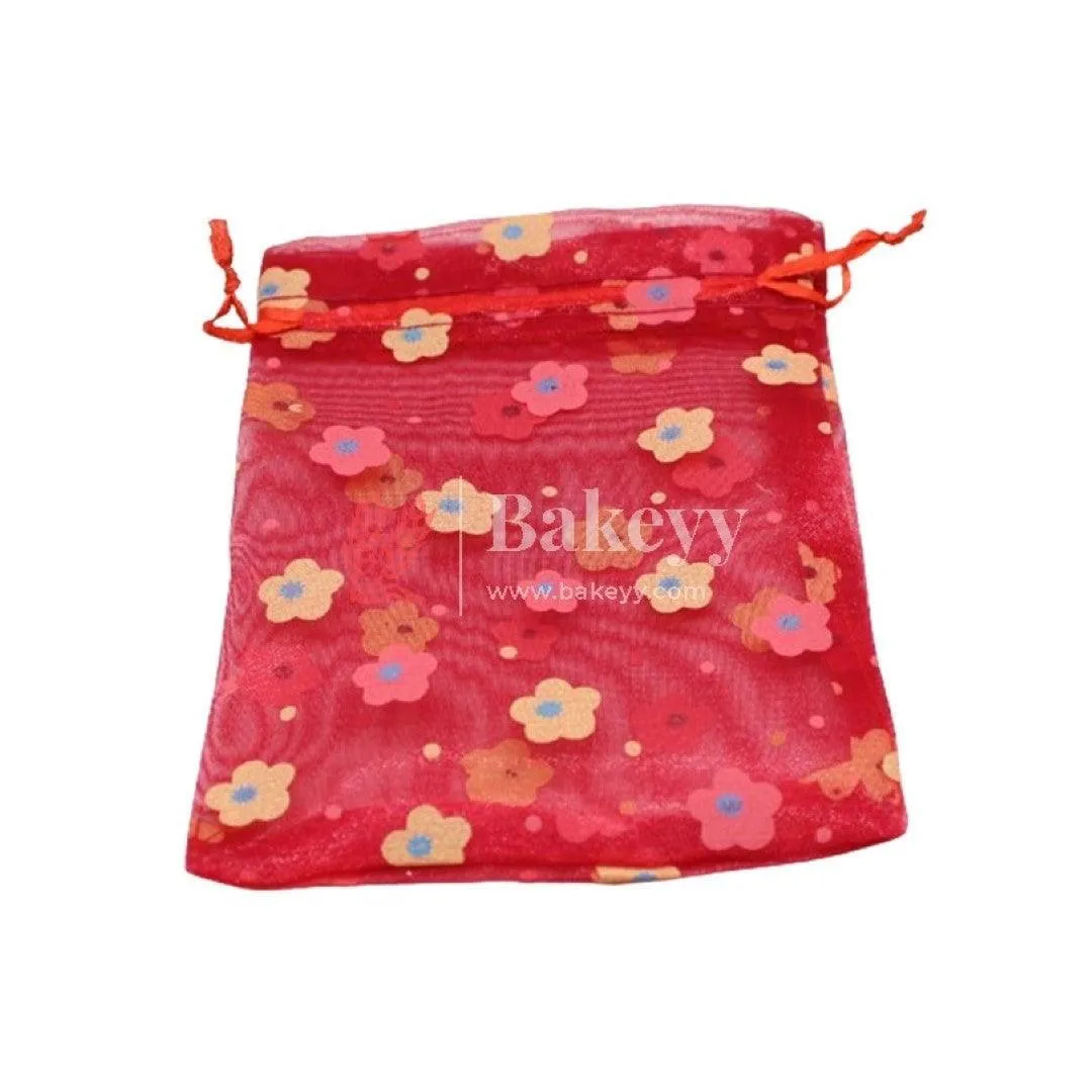 10x14 CM | Floral Designs Organza Potli Bags | Pack of 100 | Red Color | Candy Bag