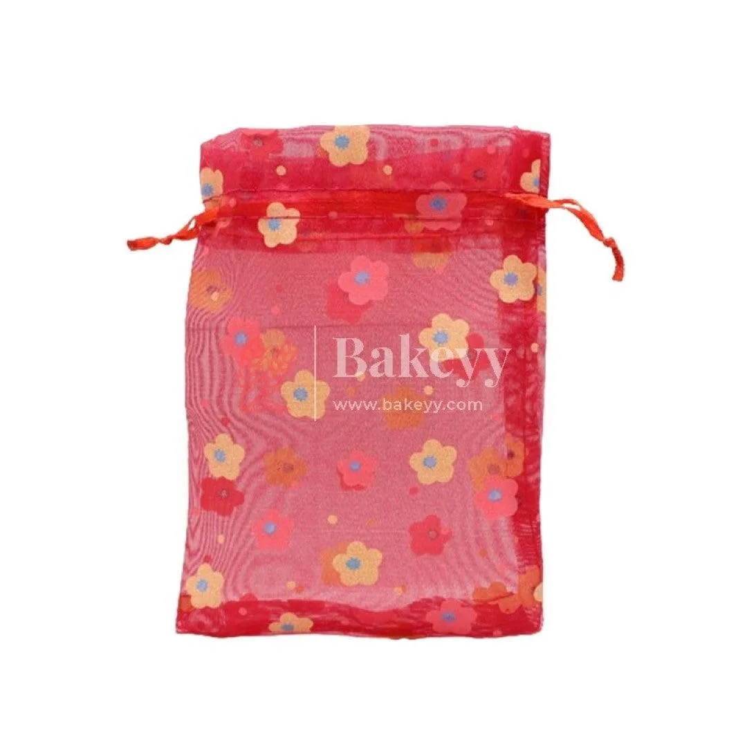 10x14 CM | Floral Designs Organza Potli Bags | Pack of 100 | Red Color | Candy Bag
