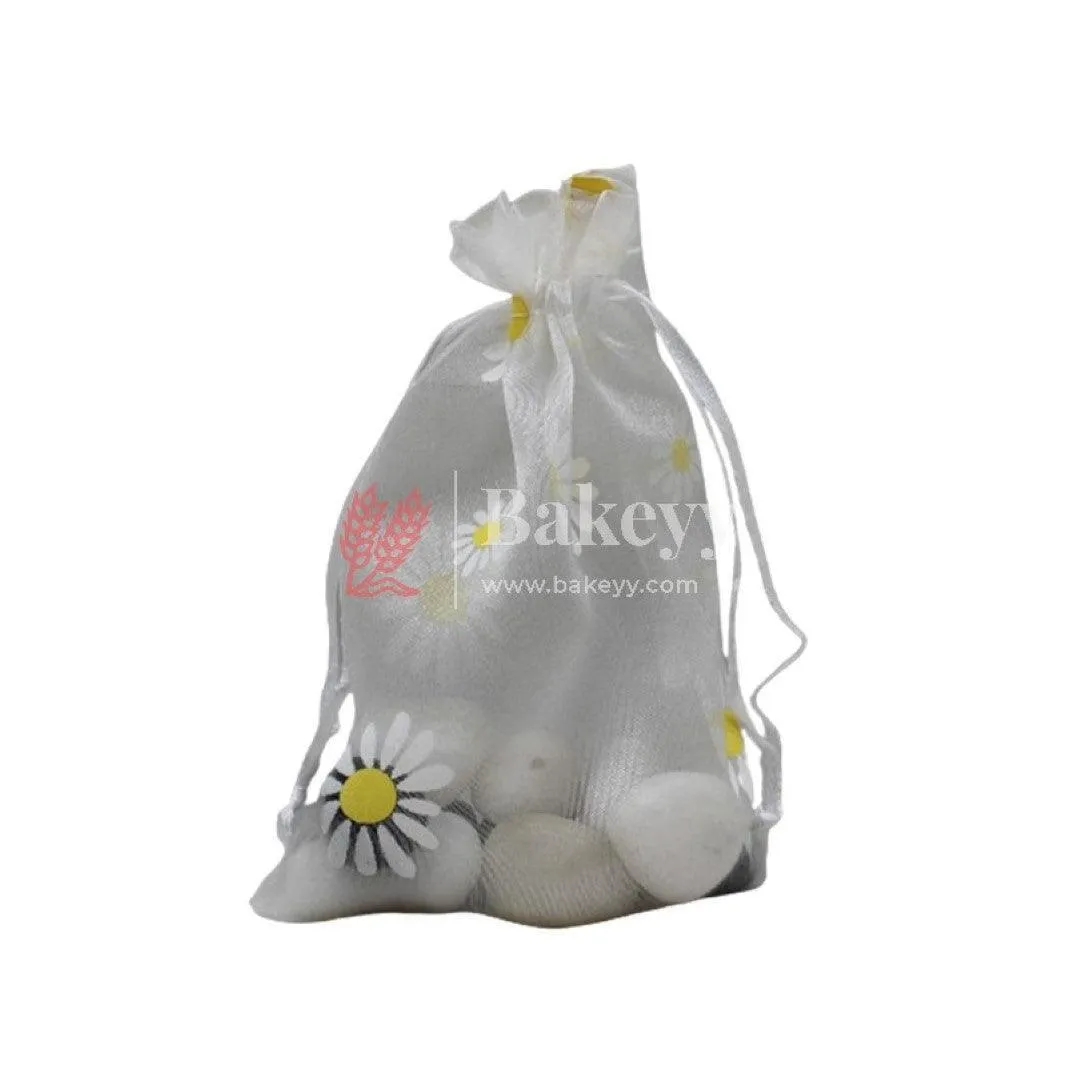10x14 CM| Floral Designs Organza Potli Bags | Pack of 100 | White Color | Candy Bag