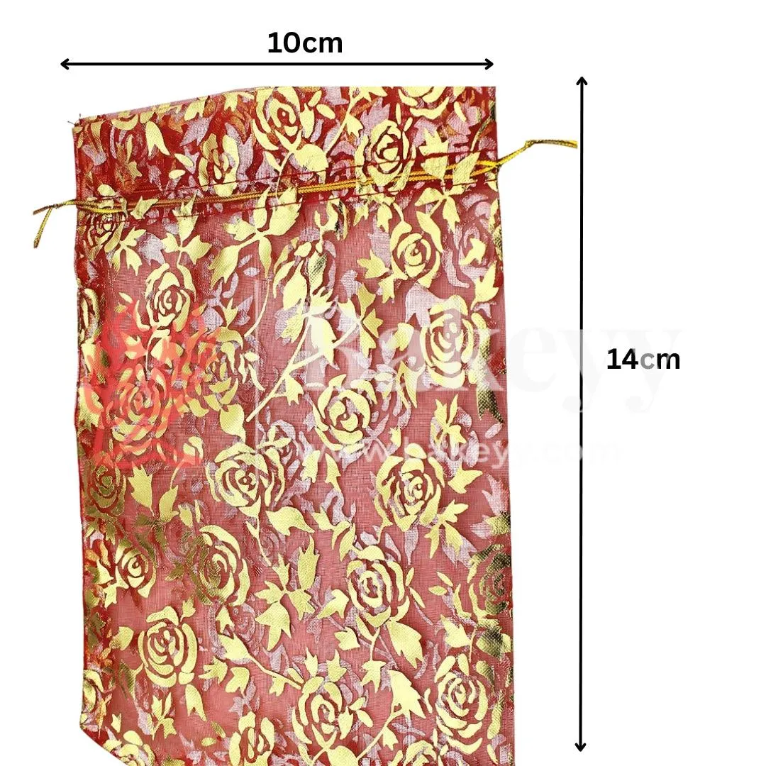 10x14 CM | Printed Organza Potli Bags | Red Colour | Candy Bag |Pack of 70