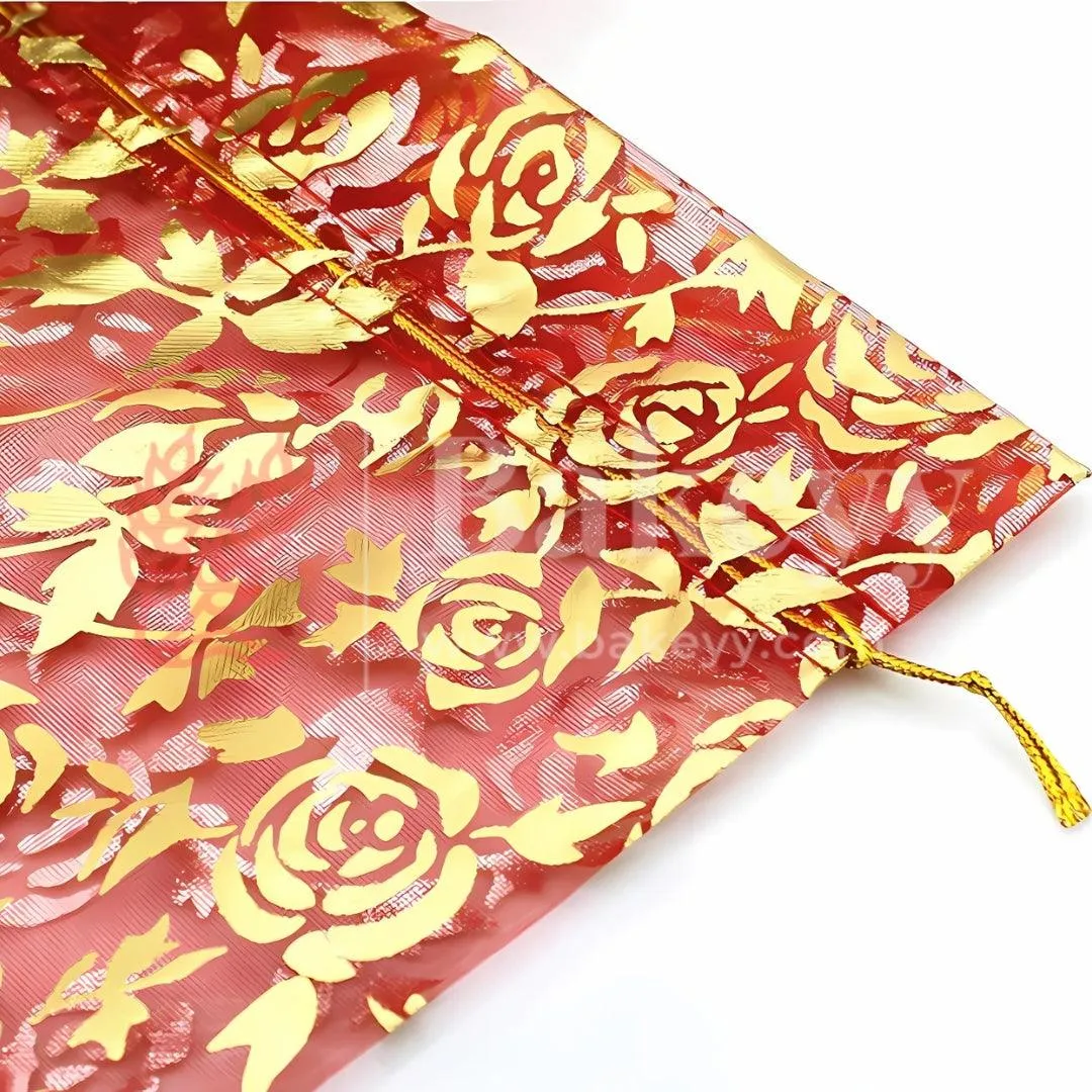 10x14 CM | Printed Organza Potli Bags | Red Colour | Candy Bag |Pack of 70