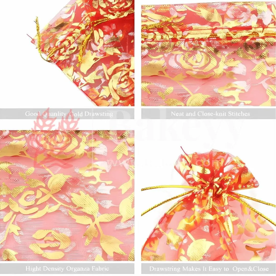 10x14 CM | Printed Organza Potli Bags | Red Colour | Candy Bag |Pack of 70