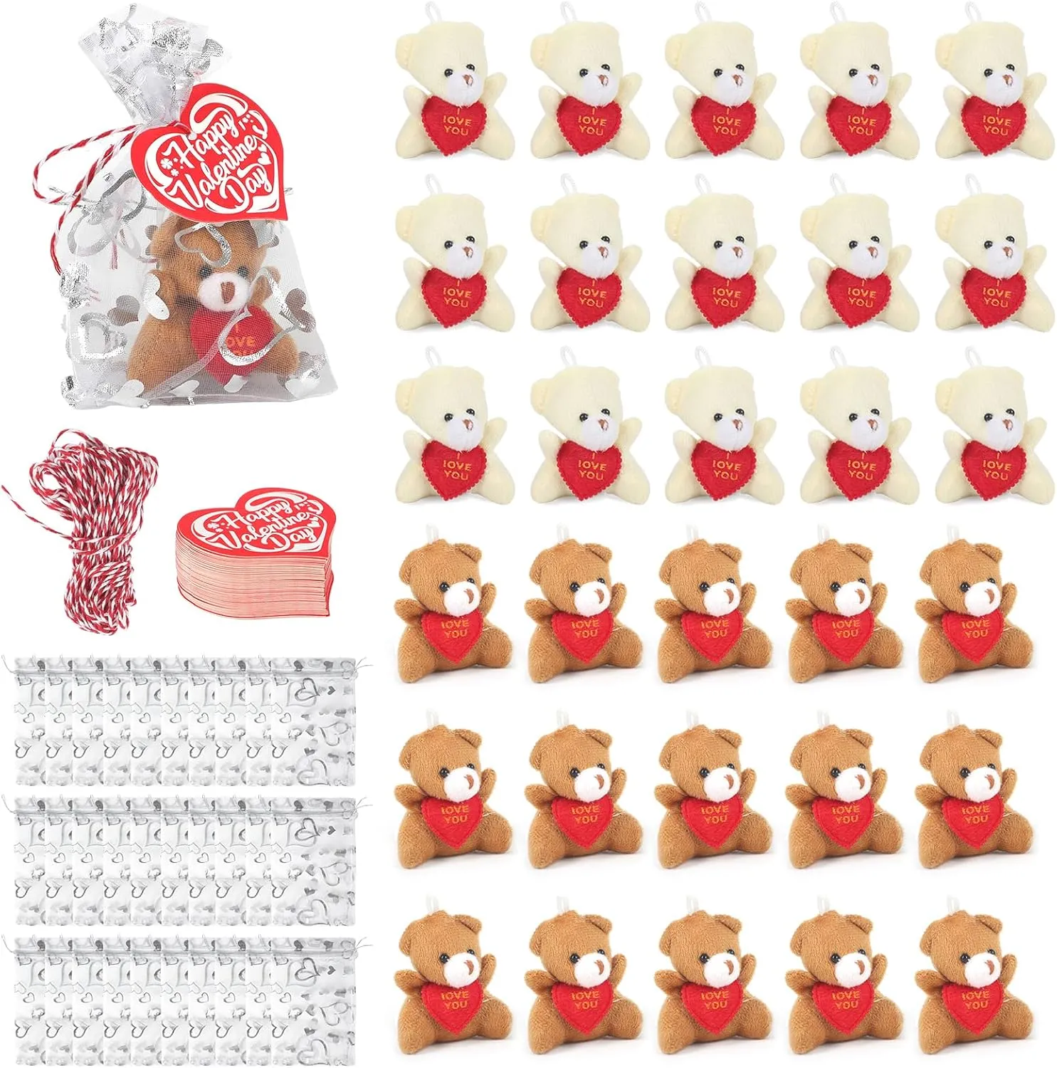 110 Pcs Valentine Mini Plush Bears 3.15 Inch I love You Tiny Bears Toys Mini Stuffed Animal with Valentine Cards Organza Bags for Valentines Party Decor Classroom Exchange Favors