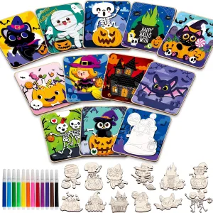 12 Pack Wooden Puzzles for Toddlers - Halloween Puzzles Coloring Craft Kits for Kids Boys Girls - Montessori Toys Halloween Party Favors Treat Bag Gifts Educational Learning Jigsaw Puzzle
