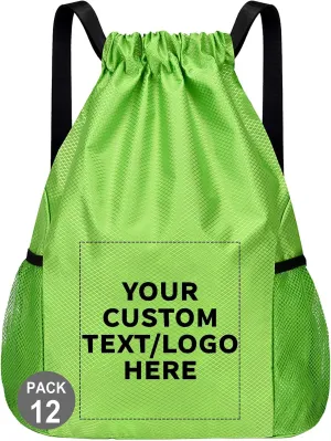 12 PCS Custom Drawstring Backpacks – Personalized Cinch Bags with Logo or Design, Waterproof, Adjustable Straps, Bulk Pack for Branding, Gym, Travel, or Promotions (Custom - Green, 12 bags)
