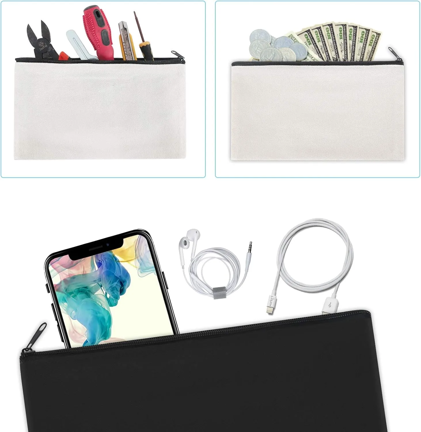 12 Pieces Black Cotton Canvas Makeup Bag, Multipurpose Cosmetic Bag with Zipper Travel Toiletry Pouch, Blank DIY Craft Bag (Black, M)
