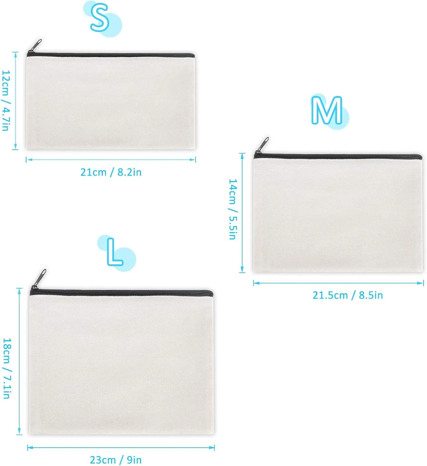 12 Pieces Black Cotton Canvas Makeup Bag, Multipurpose Cosmetic Bag with Zipper Travel Toiletry Pouch, Blank DIY Craft Bag (Black, M)