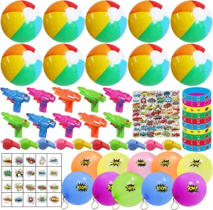120Pcs Beach Party Favor-Summer Beach Pool Toys Themed Party Supplies Include Beach Balls, Water Squirts,Bracelet,Tattoos, Stickers Fans Party Summer Supplies