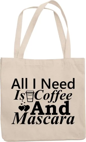 12oz Canvas Tote Bag - All I Need Is Coffee and Mascara with Travel Mug & Hearts Design - Beauty Themed Merch for Makeup Artist or Cosmetologist, Gift for Makeup Lovers & Beauticians