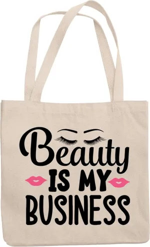 12oz Canvas Tote Bag - Beauty Is My Business with Eyelashes & Pink Lips Design - Beauty Themed Merch for Makeup Artist or Cosmetologist, Gift for Makeup Lovers & Beauticians