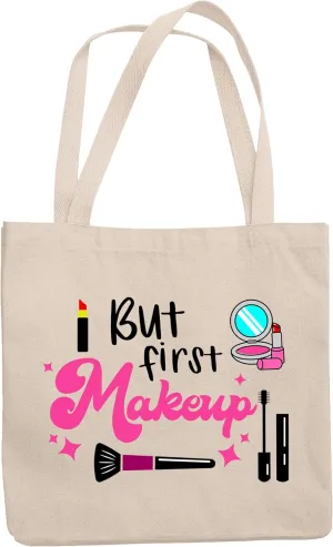 12oz Canvas Tote Bag - But First Makeup with Red Lipstick, Pressed Powder, Mascara & Brush Design - Beauty Themed Merch for Makeup Artist or Cosmetologist, Gift for Makeup Lovers & Beauticians