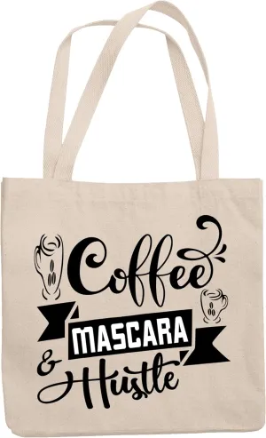 12oz Canvas Tote Bag - Coffee, Mascara & Hustle, Hardworking Eyelashes Lover Quote - Beauty Themed Merch for Makeup Artist or Cosmetologist, Gift for Makeup Lovers & Beauticians