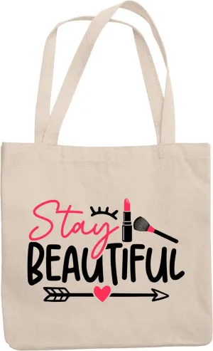 12oz Canvas Tote Bag - Girly Stay Beautiful Quote with Eyelash, Lipstick, Brush, Heart & Arrow Design - Beauty Themed Merch for Makeup Artist or Cosmetologist, Gift for Makeup Lovers & Beauticians