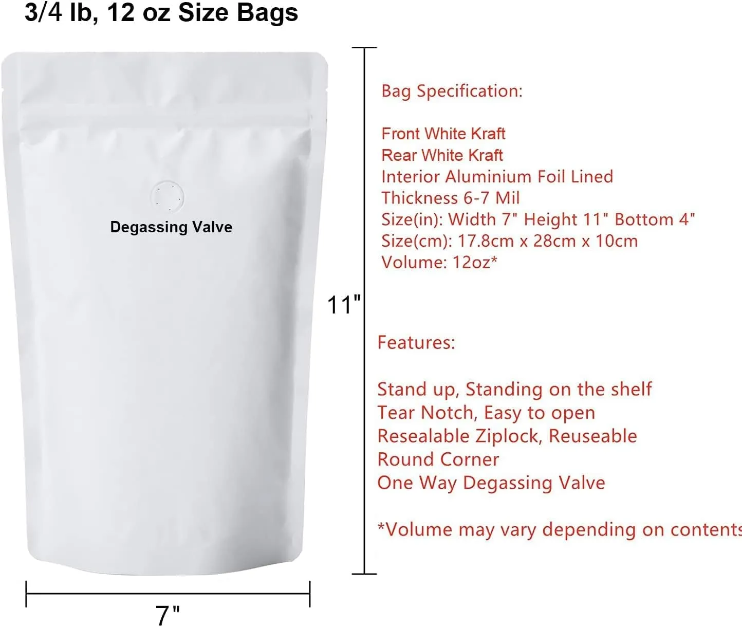 12oz Coffee Bags 100 Pieces - High Barrier White Kraft Paper Stand up Ziplock Pouches Bags with Valve & Zipper (100 Pcs, 12 Ounce/340 Gram/0.75 lb)