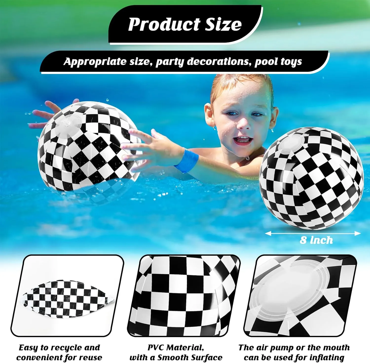 12PCS Race Car Checkered Flag Beach Ball Set–8" Vibrant Black & White Themed Beach Balls for Kids’ Racing Birthday Parties,Summer Pool Games,End of Year Class Decorations,Bulk Party Favors