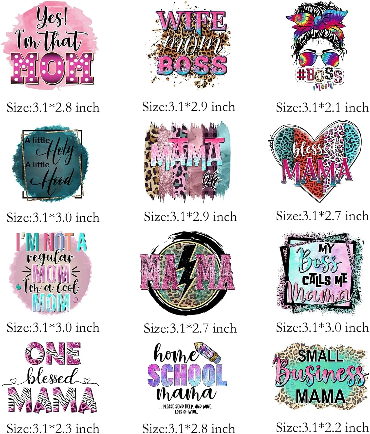 12Pcs Wife Mom Boss Iron On Decals for Clothing Mama Iron On Patches Washable DIY Heat Transfer Stickers for T-Shirt Jeans