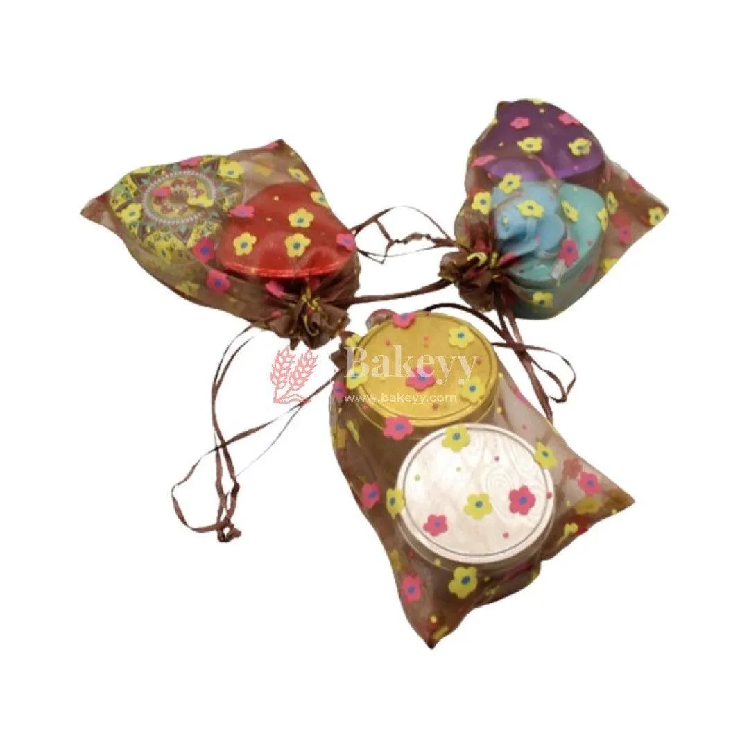 13x18 CM | Floral Designs Organza Potli Bags | Pack of 100 | Brown Color | Candy Bag | Pack of 100