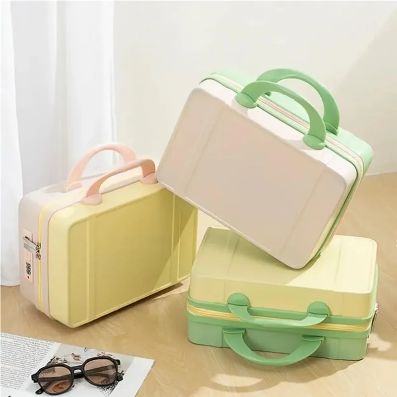 14 Inch Mini Travel Suitcase Cosmetic Box Hand Luggage Organizer Case Small Boarding Case with Password Lock Strap on Luggage(Light pink)