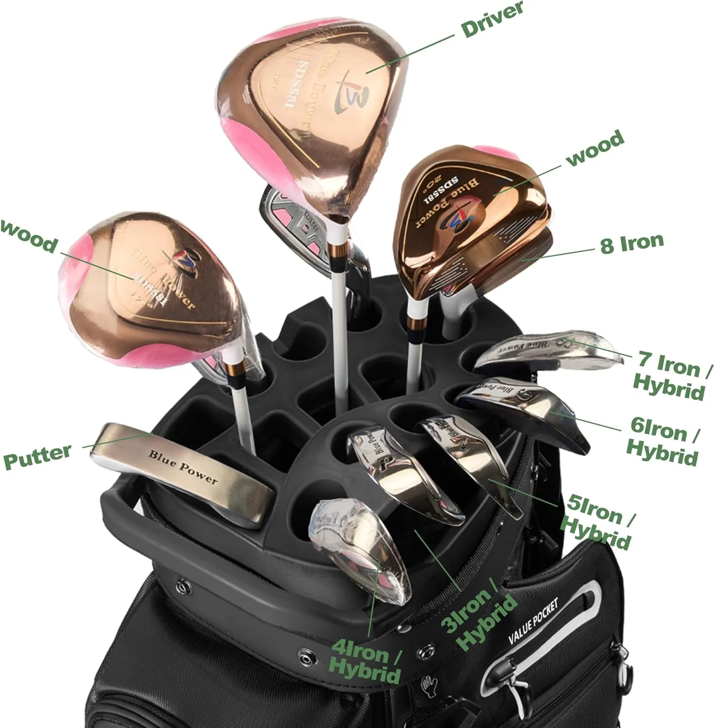 14-Way Golf Cart Bag, Premium Full Length Golf Bag for Men with Magnetic Leather Pocket, Handles and Rain Cover