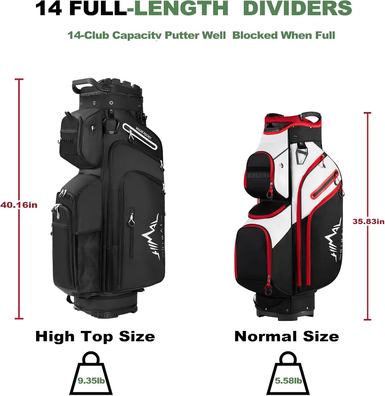 14-Way Golf Cart Bag, Premium Full Length Golf Bag for Men with Magnetic Leather Pocket, Handles and Rain Cover