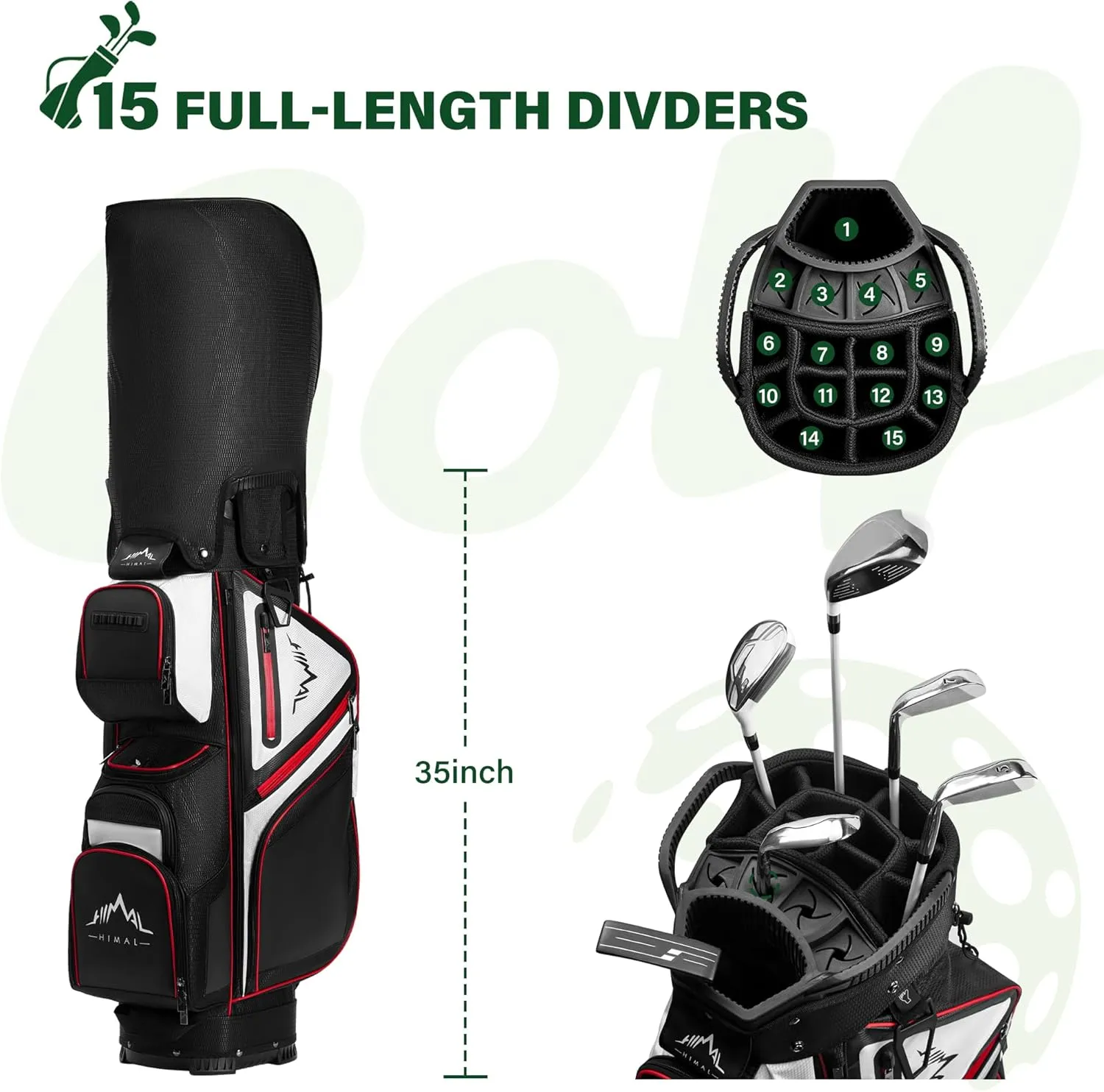 15-Way Golf Cart Bag, Premium Anti-Shake Divider Top Golf Bag with Comfortable Handles, Magnetic Pocket and Rain Cover