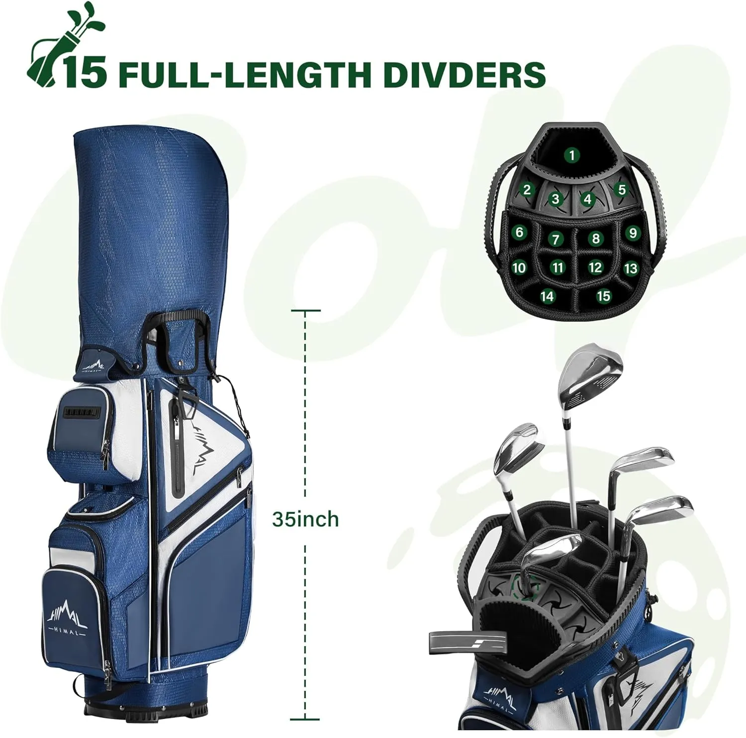 15-Way Golf Cart Bag, Premium Anti-Shake Divider Top Golf Bag with Comfortable Handles, Magnetic Pocket and Rain Cover