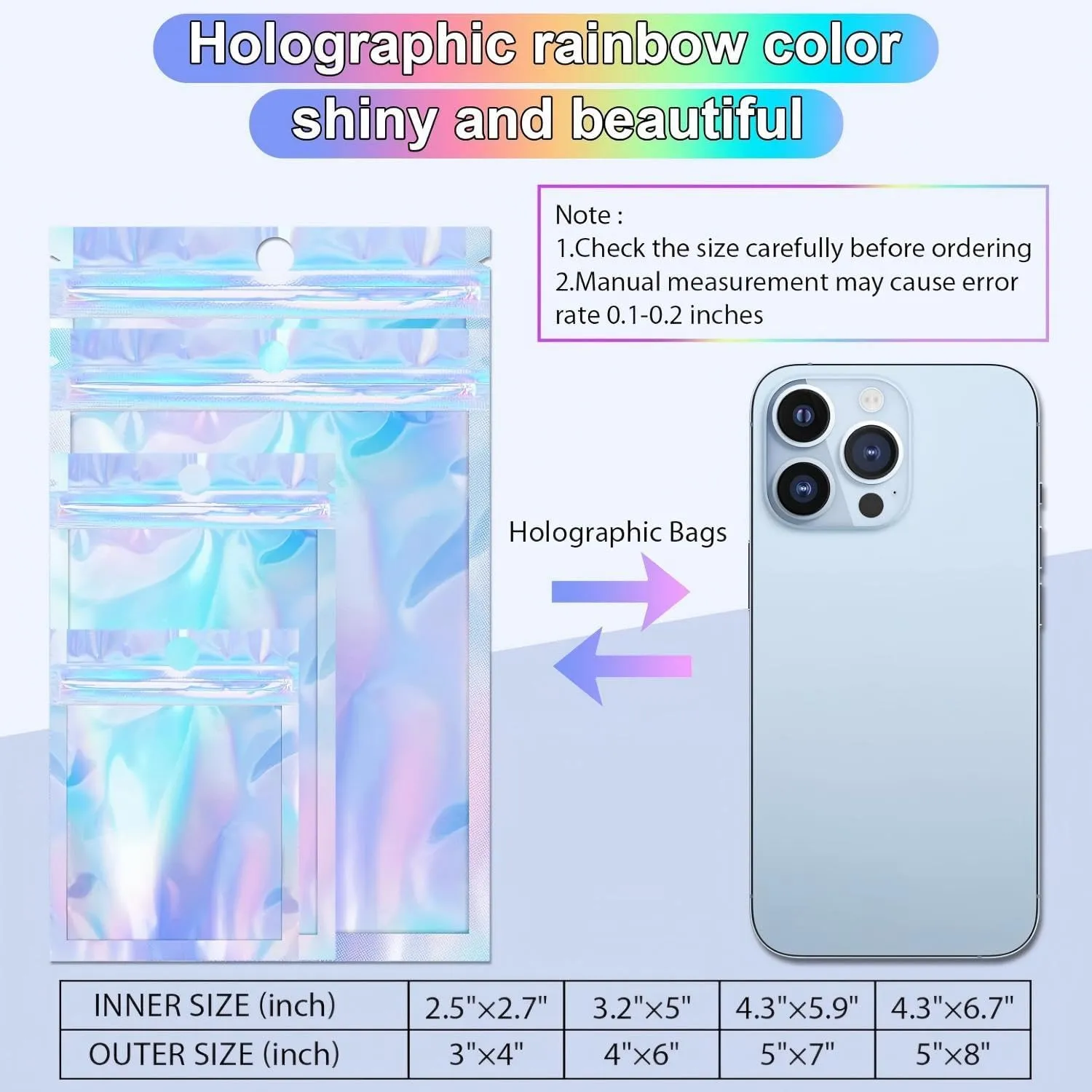 150 Pack Holographic Bags, 5.5'' x 7.8‘’ Resealable Smell Proof Bags, Packaging Bag for Small Business, Rainbow Color Small Bag, Holographic Zipper Pouches for Food Storage, Candy, Jewelry Packaging