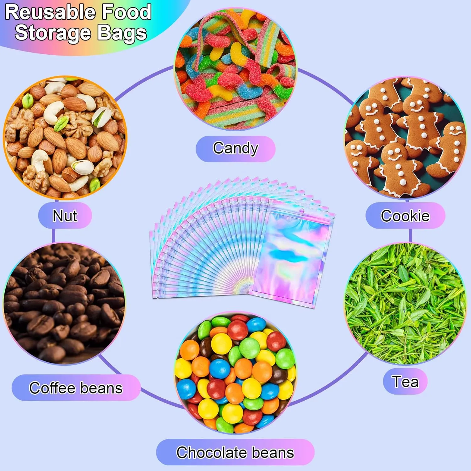 150 Pack Holographic Bags, 5.5'' x 7.8‘’ Resealable Smell Proof Bags, Packaging Bag for Small Business, Rainbow Color Small Bag, Holographic Zipper Pouches for Food Storage, Candy, Jewelry Packaging