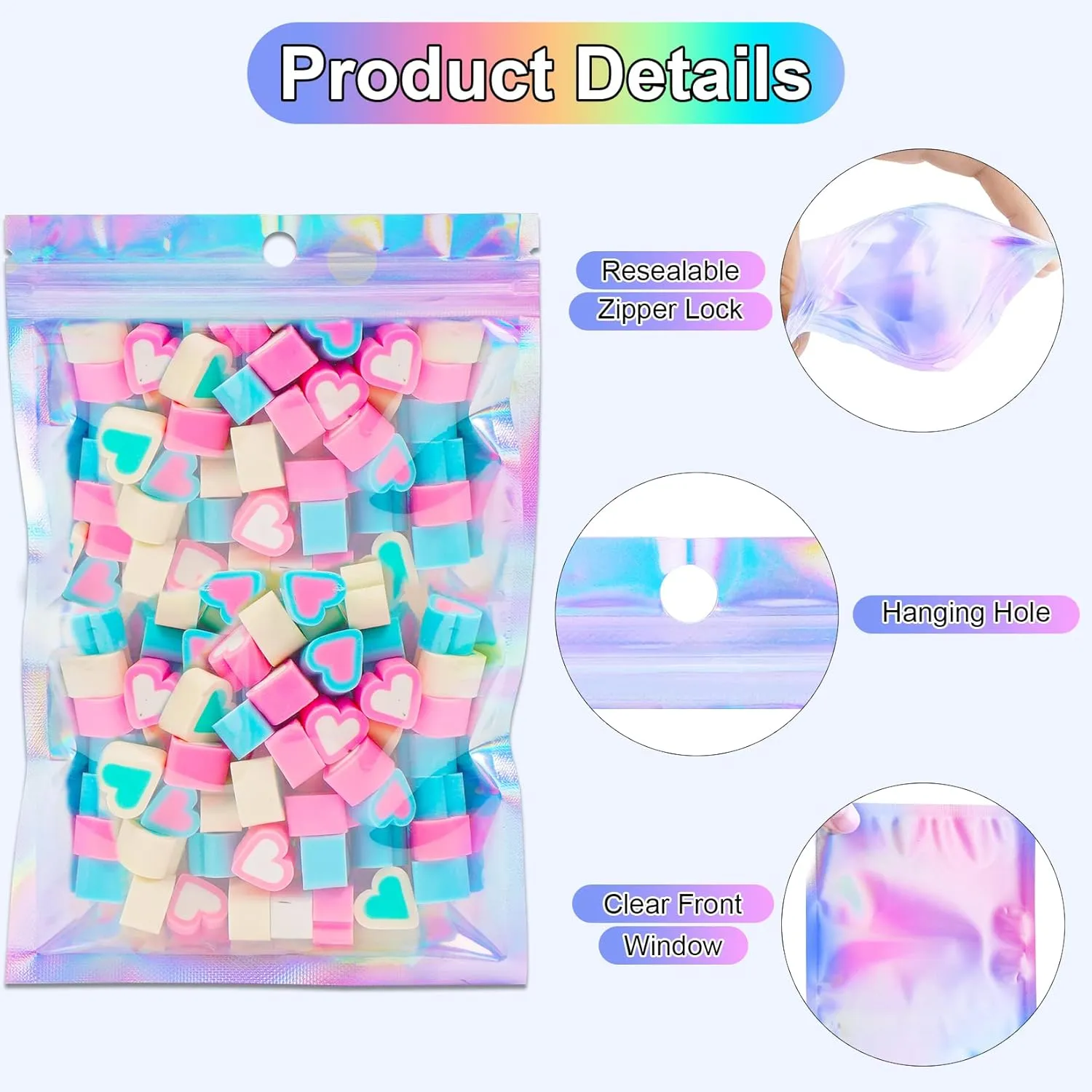 150 Pack Holographic Bags, 5.5'' x 7.8‘’ Resealable Smell Proof Bags, Packaging Bag for Small Business, Rainbow Color Small Bag, Holographic Zipper Pouches for Food Storage, Candy, Jewelry Packaging