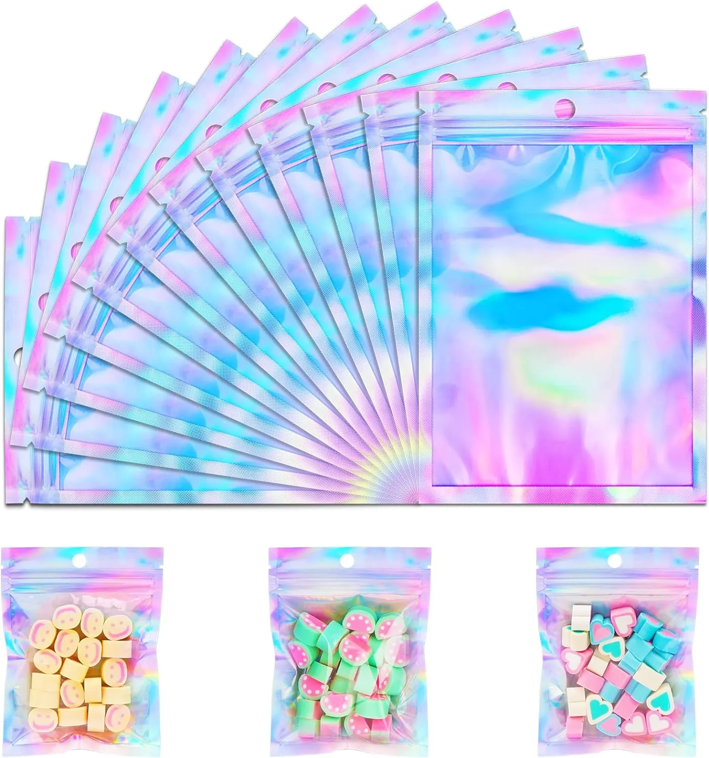 150 Pack Holographic Bags, 5.5'' x 7.8‘’ Resealable Smell Proof Bags, Packaging Bag for Small Business, Rainbow Color Small Bag, Holographic Zipper Pouches for Food Storage, Candy, Jewelry Packaging