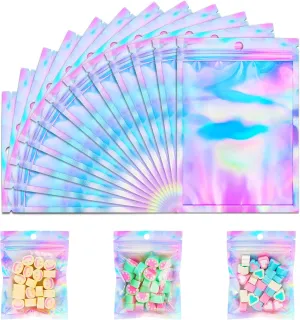 150 Pack Holographic Bags, 5.5'' x 7.8‘’ Resealable Smell Proof Bags, Packaging Bag for Small Business, Rainbow Color Small Bag, Holographic Zipper Pouches for Food Storage, Candy, Jewelry Packaging