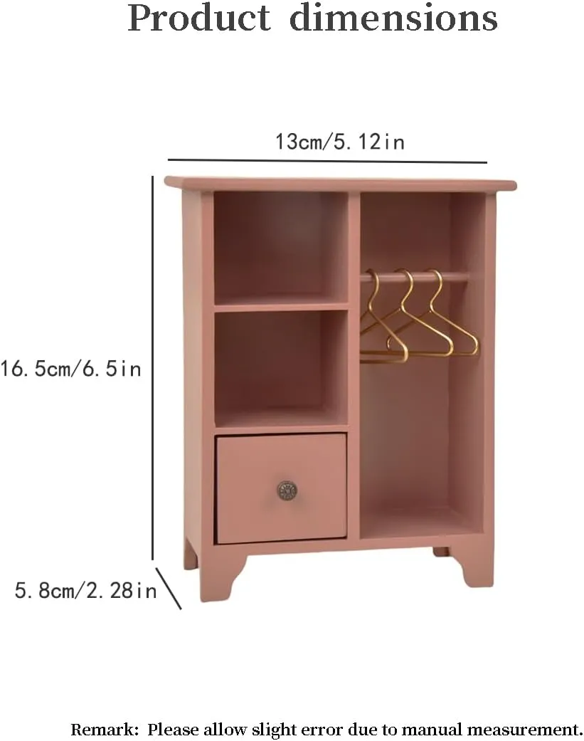 1:6 1:12 Scale Miniature Wooden Wardrobe, Handmade Vintage Dollhouse Furniture BJD Ob11 Accessories with Hangers, 16.5cm Tall (Pink)